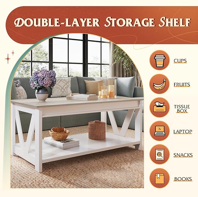 WLIVE Coffee Table, 43" Farmhouse Coffee Table with Storage Shelf & Sturdy V-Shaped Support, Wood Center Table for Living Room, Bedroom, Office and Balcony, White