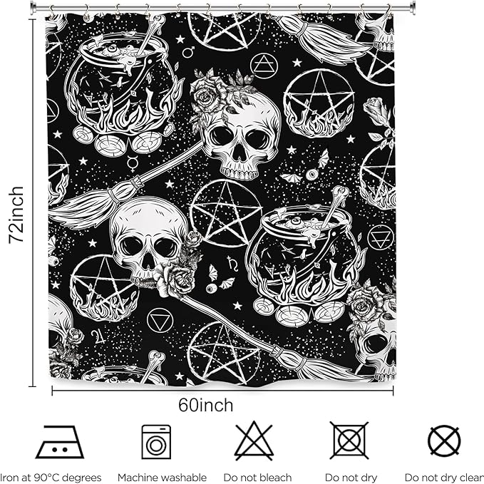 Skull Witch Halloween Shower Curtain 60Wx72L Inch Horror Spooky Scary Magical Mysterious Gothic Black White Holiday Bathroom Set Accessories Decor with 12 Pack Hooks