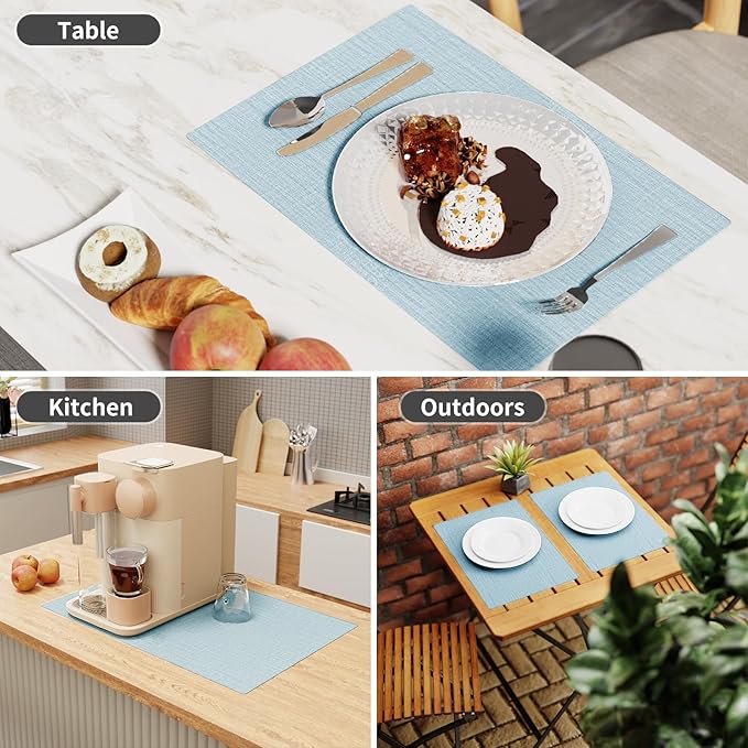 Cloth Placemats, Set of 6 Heat-Resistant Cotton Linen Blend Double Layered Machine Washable Place Mats, Wrinkle Free Thick Fabric Dining Table Mats for Indoors & Outdoors (Sky Blue, 6)