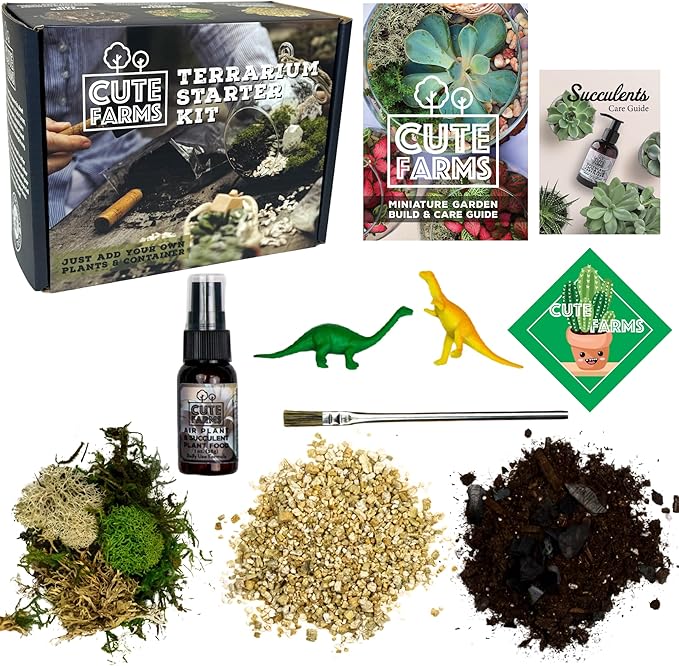 Cute Farms Terrarium Starter Kit | Moss, Vermiculite, Soil, Plant Food, Brush, Build and Care Guide | DIY Succulent Terrarium Kit for Adults and Kids