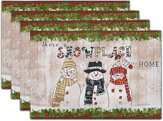 Winter Snowman Placemats Set of 4, Snowflake Pine Cone Place Table Mats Farmhouse Heat Resistant Place Mats 12x18 Inch for Christmas Holiday Decorative Party Dining Table