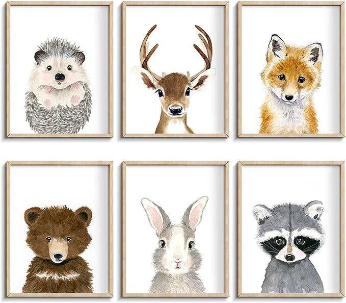 Little Orchard Nursery Room Wall Art: Cute Safari Animal decorations - Bear, Fox, Rabbit, Fawn for Baby Bedrooms