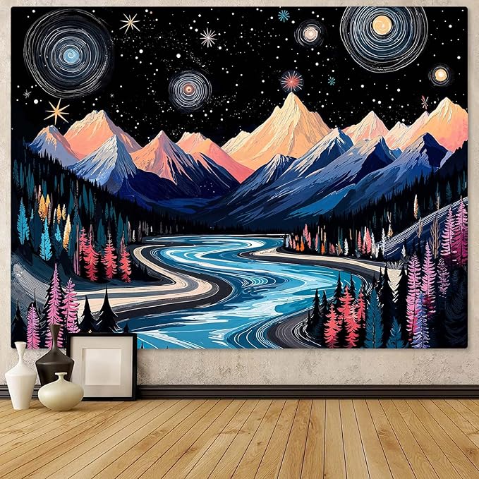 Lunerfex Mountain Tapestry, Starry Sky Landscape Tapestry, 60" x 44", Bedroom & Living Room Wall Decor