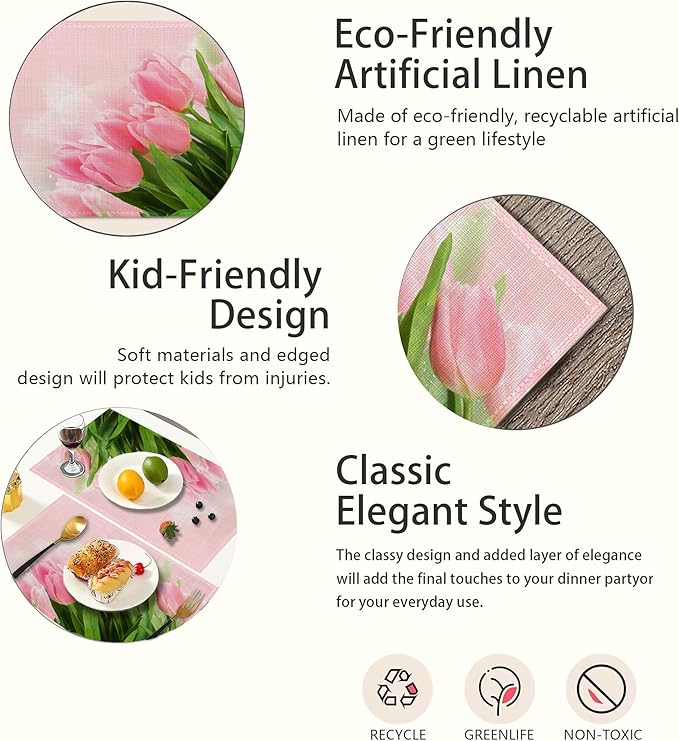 Glitter Pink Tulip Flower Placemats Set of 6, Placemats 12x18 Inch Waterproof Non-Slip Washable Table Mats for Kitchen Dining Party Table Decor,Set of 6