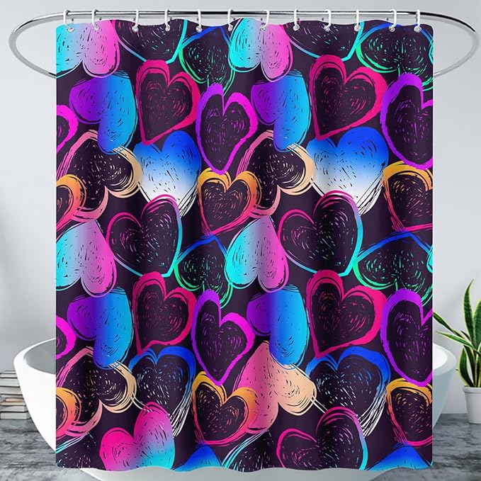 AILONEN Hearts Shower Curtain for Bathroom, Colorful Hearts Love Theme Bath Curtain for Kids Girls Women,Abstract Hearts Print Black Shower Curtain Waterproof with 12 Plastic Hooks, 72" W*84" H