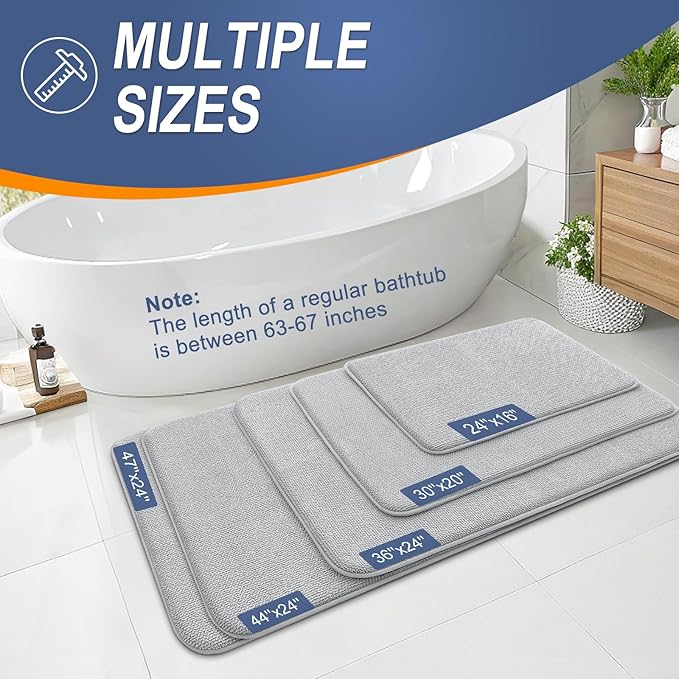 OLANLY Thick Memory Foam Bath Mat Rug 70x24, Extra Soft Absorbent Bathroom Rug, Quick Dry Bath Mats, Non-Slip, Machine Washable Carpet for Bathroom, Tub and Shower, Home Decor Accessories, Light Grey
