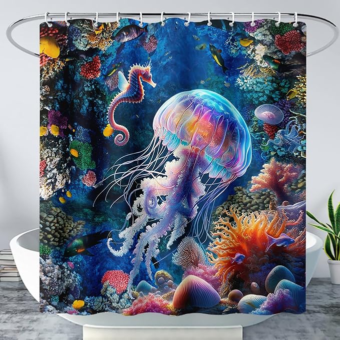 AILONEN Cartoon Jellyfish Shower Curtain,Underwater Animal Seahorses Style Bathroom Curtains Set for Kids,Girls,Ocean Theme Shower Curtains Set with Hooks for Bathroom,72" W*78" H