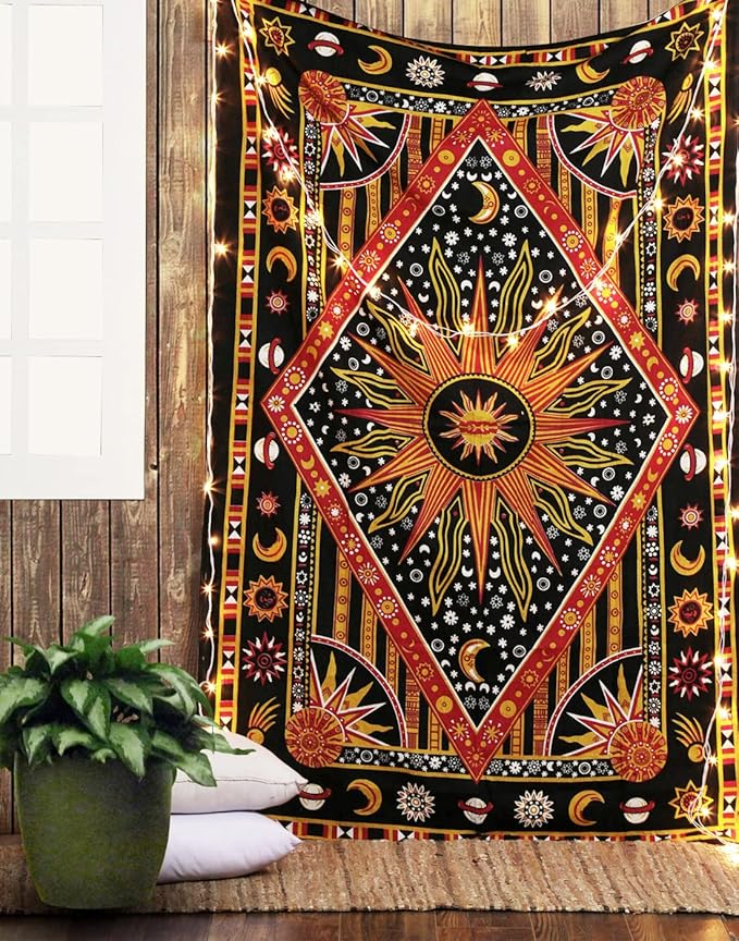 RAJRANG Burning Sun Cotton Tapestry for Bedroom 84x54 Inch Celestial Moon Star Planet Bohemian Indie Hippie Cool Wall Tapestries for Living Room Dorm Decor