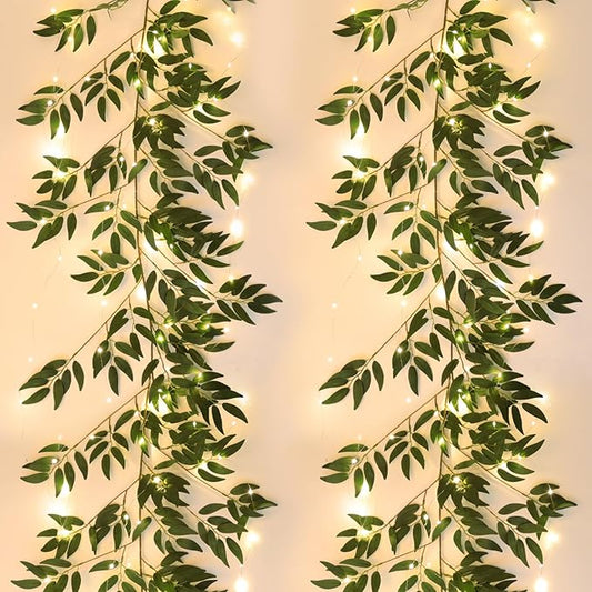 RECUTMS Artificial Hanging Willow Leaves Vine Twigs with Light 2Pc 5.7Ft Fake Silk Green Leaves Ivy Garland Faux Greenery Decoration for Indoor Outdoor Home Wedding Jungle Birthday Party Garden Table