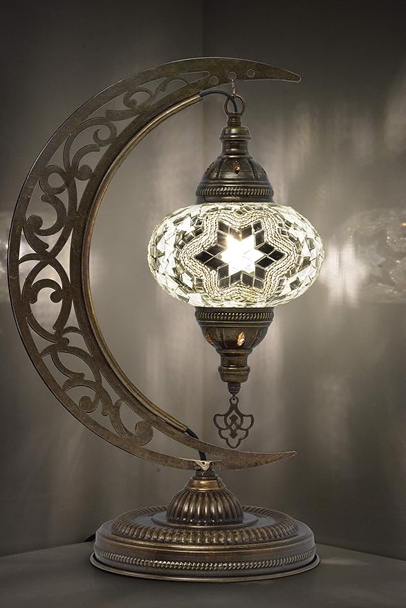 mozaist Turkish Lamp, Moon Shaped Mosaic Table Lamp, Tiffany Desk Bedside Stained Glass Lamp with US Plug and E12 Socket