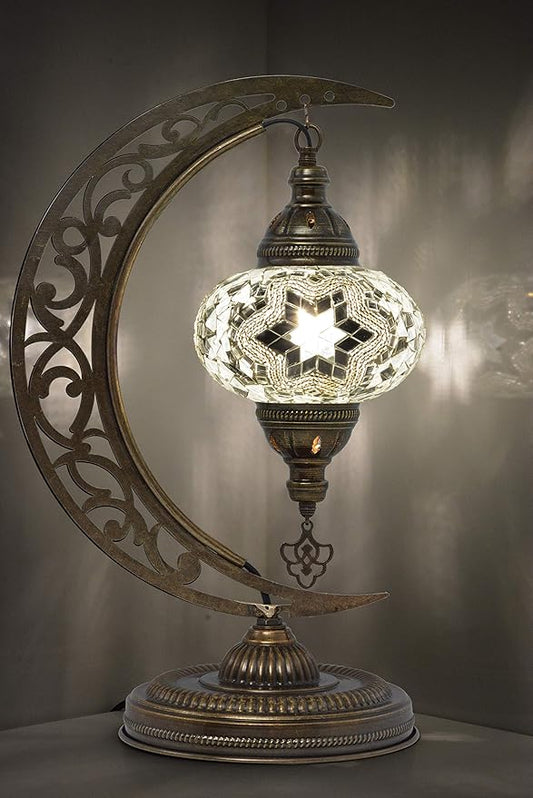mozaist Turkish Lamp, Moon Shaped Mosaic Table Lamp, Tiffany Desk Bedside Stained Glass Lamp with US Plug and E12 Socket