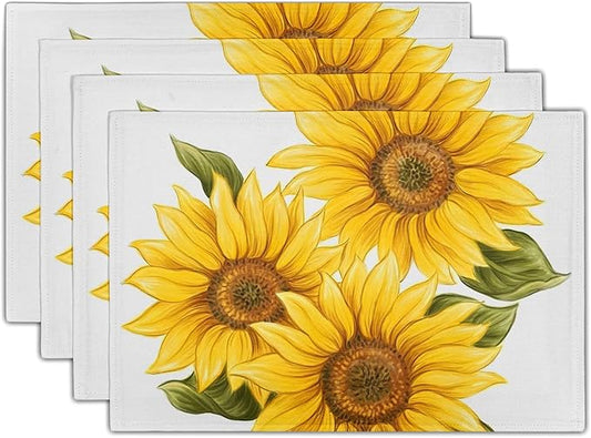 Sunflower Placemats Set of 4 Watercolor Sunflower Washable Non-Slip Heat Resistant 12×18 Inch Summer Florl Thick Place Mats Decorative Linen Fabric Table Mat for Dining Table