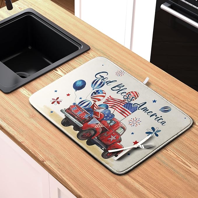 4th of July Drying Mat for Kitchen Counter 16 x 18 US Independence Day Patriotic Truck Dish Drying Mat Polyester American Flag Dish Drainer Mat Super Absorbent Dish Rack Pad for Coffee Bar Sinks