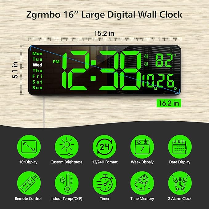 Zgrmbo 16-inch Digital Wall Clock with Remote Control, Large Display Digital Clock with Date, Indoor Temp, Week, 12/24H, Auto Dimming, A Wall Clock Suitable for Living Room, Warehouse, Shop, Gym