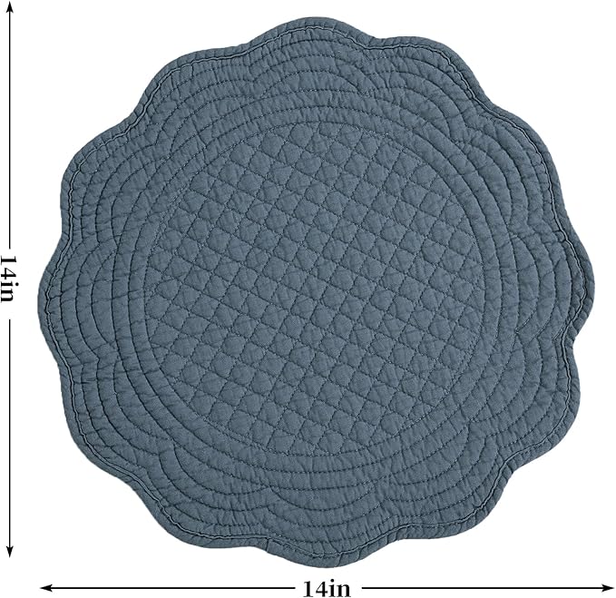 HOMBYS Quilted Placemats Set of 6 Washable Round Placemats for Kitchen Table-100% Cotton Fabric 13 Inch Round Table Mats, Cotton Fabric with Microfiber Filling, (13"x13", Blue)
