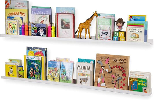Wallniture Denver 60" White Long Floating Shelves, Wall Bookshelf for Kids Room, Picture Ledge Shelf, Wall Shelves, Set of 2
