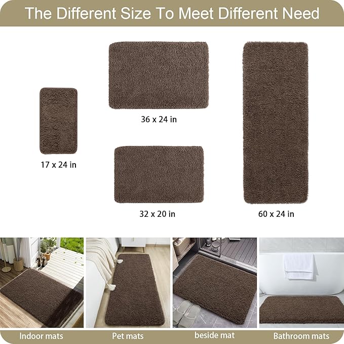 AROGAN Luxury Long Bathroom Runner Rug, 24x60 Inch Thick Soft and Absorbent Non Slip Bath Mat, Rubber Backing Quick Dry Rugs Carpets, Machine Washable Plush Mats for Shower Floor, Deep Brown