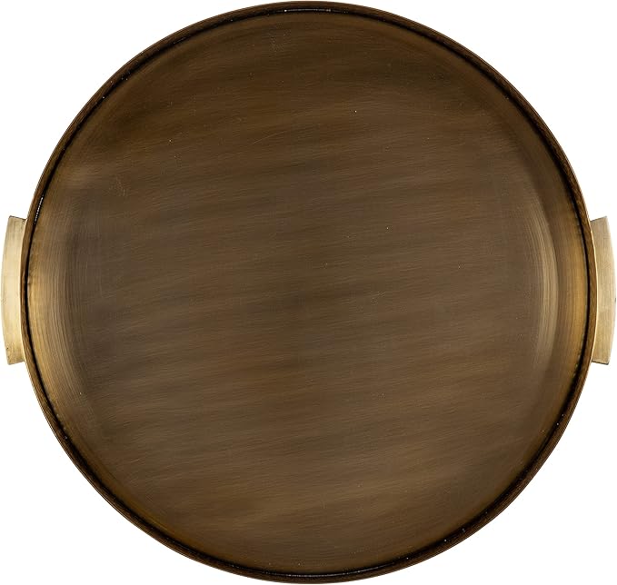 Kate and Laurel Samana Modern Glam Round Metal Tray, 17 Inch Diameter, Antique Brass, Circular Polished Decorative Tray with Hammered Surface and Minimalist Handles