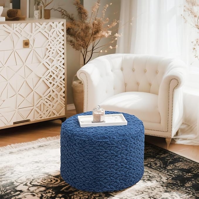 Round Pouf Ottoman Stuffed 20 x 20 x 14 Inches Boho Poof Foot Stool Home Decor Floor Pouffe Ottoman Foot Rest for Couch Sofa Bean Bag Chairs Living Room Bedroom (Navy Blue)