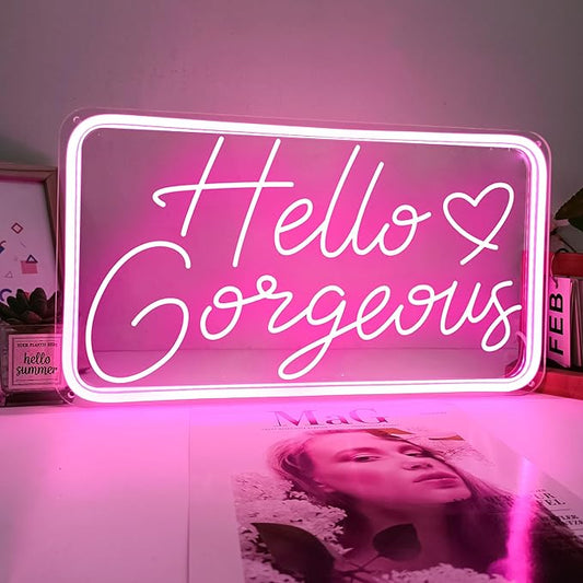 Hello Gorgeous Neon Signs for Wall Decor, Hello Beautiful Neon Sign for Girls Bedroom, Makeup Room Pink LED Neon Lights for Bachelorette Birthday Party Wedding USB Powered with Dimmable Switch