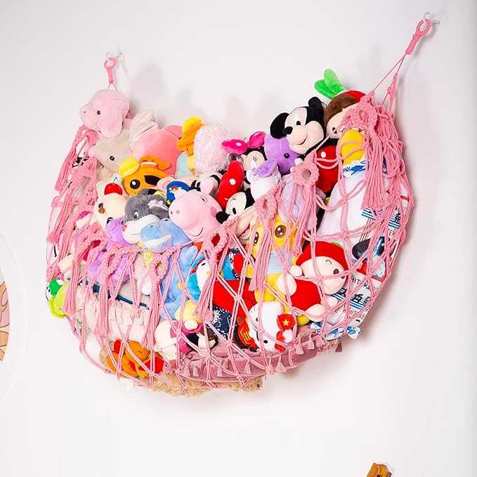 Stuffed Animal Net or Hammock Wall Hanging Net for Stuffed Animal Storage Macrame Toy Display Plush Toy Holder Soft Toy organizer for Nurery Baby Bedroom Playroom-Pink