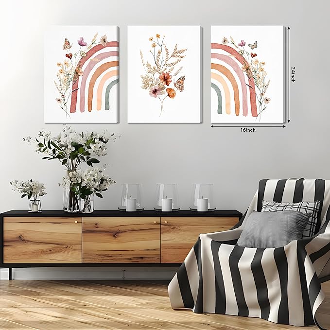 AKWISH Boho Wall Decor Set of 3, Rainbow Canvas Wall Art Paintings Prints, Cute Boho Wildflowers Posters Nursery Wall Decor for Kids Room Baby Room Classroom Bedroom Decor 16x24 inch Framed