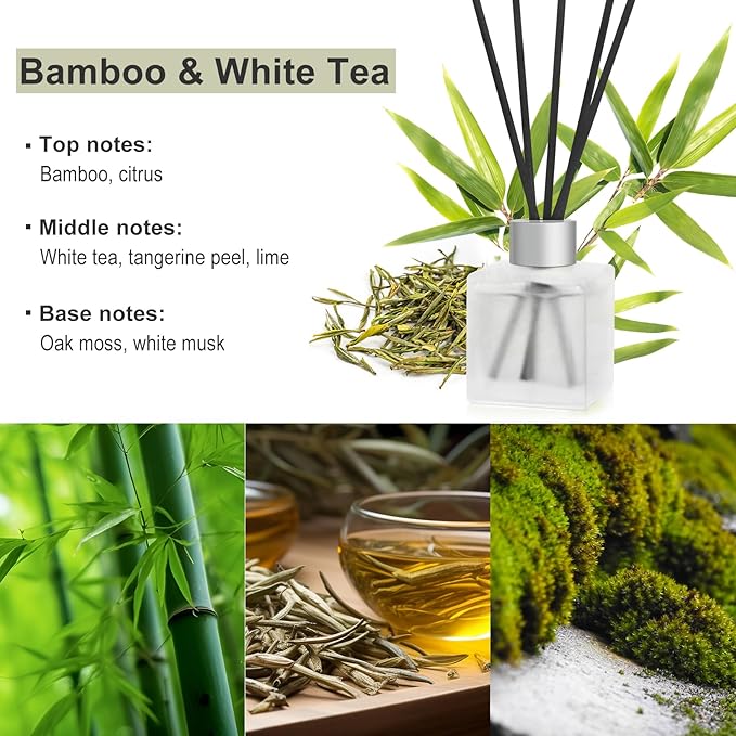 Reed Diffuser, Bamboo & White Tea Essential Oil with Diffuser Sticks for Room Decor, 3.4 fl oz(100ml) Long Lasting Scent Air Freshener, Home Fragrance for Bathroom Decoration (2 Pack)