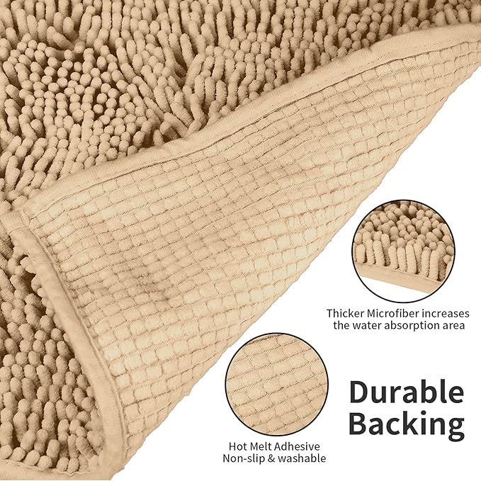 ZiYiJuan Bathroom Rugs, Super Absorbent Luxury Shaggy Chenille Bath Mats,Beige 20x20_17x24_20x32