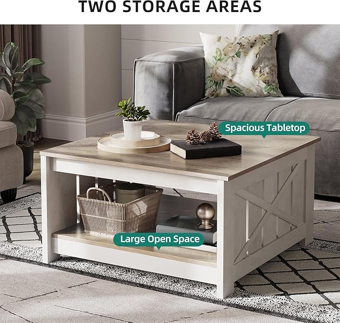 YITAHOME Coffee Table Farmhouse Coffee Table with Storage Rustic Wood Cocktail Table, Square Coffee Tables for Living Meeting Room with Half Open Storage Compartment, Grey Wash