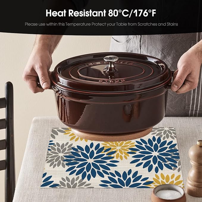 Artoid Mode Floral Vinyl Placemats Set of 6, Heat Resistant Washable Non-Slip Plistic PVC Place Mats for Party Kitchen Dining Decor, Blue Yellow