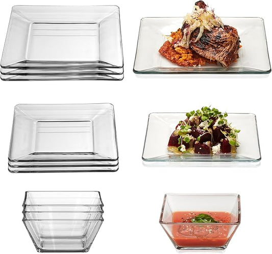 Libbey Tempo Glass Dinnerware Set, Sleek Square Clear Glass Plates and Bowls Set of 12, Dishwasher Safe Glass Dishes Set for Dinners and Parties