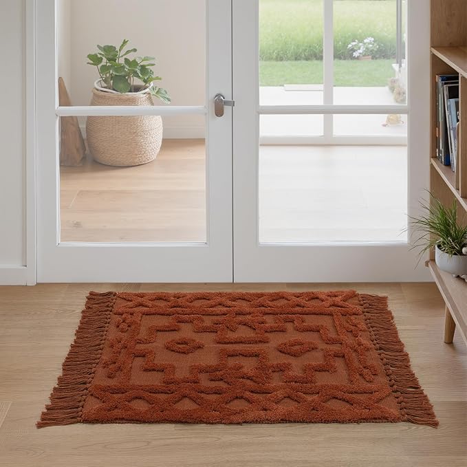 Uphome Boho Bathroom Rug 2' x 3', Washable Small Farmhouse Bedroom Rugs, Terracotta Geometric Bath Mats for Home Decor, Cotton Woven Moroccan Tufted Throw Rug for Entryway Front Door Kitchen