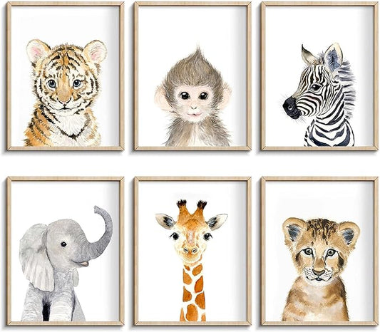 Jungle Safari Wall Art Decor for Baby Nursery Room - Tiger, Lion, Elephant Animal Decorations for Bedroom (12"x16", UNFRAMED)