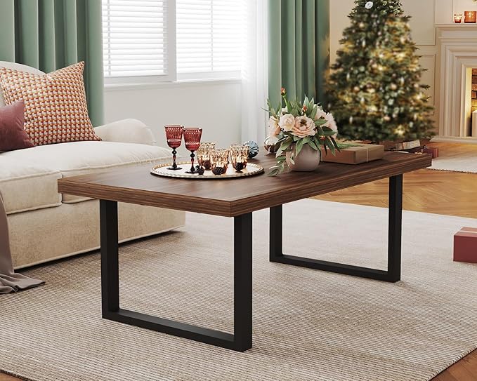 IBF Walnut Coffee Table, Minimalist Wooden Living Room Table, Modern Simple Rectangle Center Table, Vintage Rustic Wood and Metal Cocktail Tea Coffee Table for Home Bedroom Office, Walnut, 39 Inch