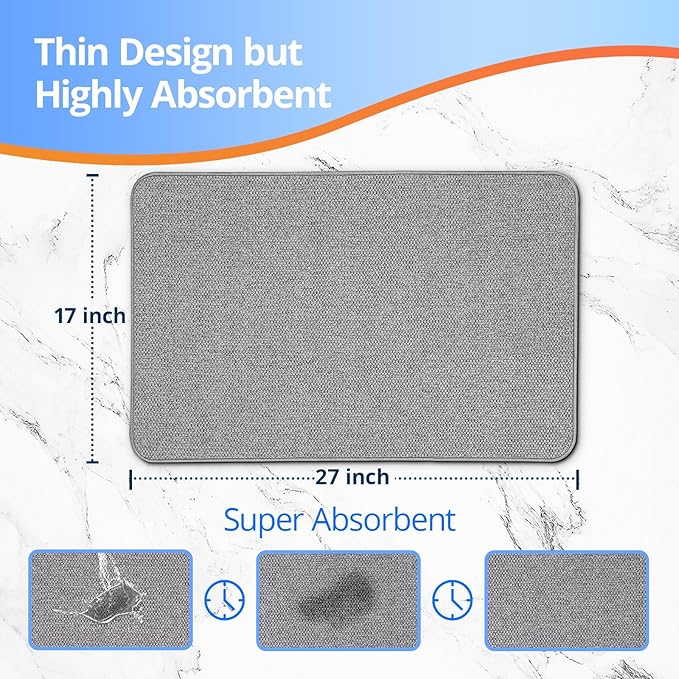 Thin Bathroom Rugs, Bath Mat Super Absorbent, Bath Rugs Rubber Backing Non-Slip, Quick Dry Machine Washable, Cozy Cloth Bathroom Mat fit Under Door/Sink/Bathtub/Shower/Kids 17''x27''-Gray