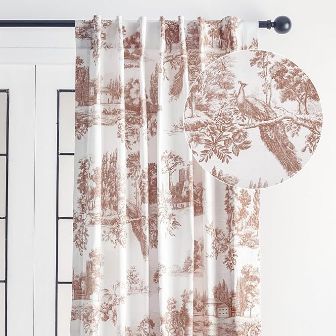 Maison d' Hermine Curtains for Living Room 100% Cotton 84 inch Length One Panel Light Filtering Toile Curtains for Bedroom Windows with Rod and Loop Pockets Drapes (Trianon Brown, 50" W x 84" L)