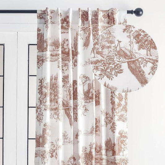 Maison d' Hermine Curtains for Living Room 100% Cotton 84 inch Length One Panel Light Filtering Toile Curtains for Bedroom Windows with Rod and Loop Pockets Drapes (Trianon Brown, 50" W x 84" L)