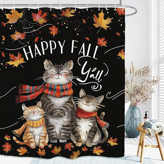 Funny Cat Autumn Shower Curtain 60Wx72L Inch Fall Maple Harvest Thanksgiving Animal Cute Bathroom Set Accessories Decor with 12 Pack Hooks