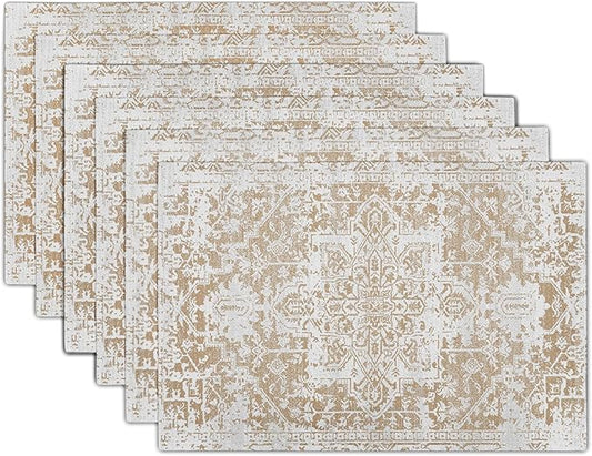 Gray Khaki Boho Placemats Set of 6 Ethnic Bohemian Carpet Place Mats Washable Kitchen Dining Vintage Grey Geography Floral Linen Table Mats Stain Heat-Resistant for Home Party Indoor 12x18 in