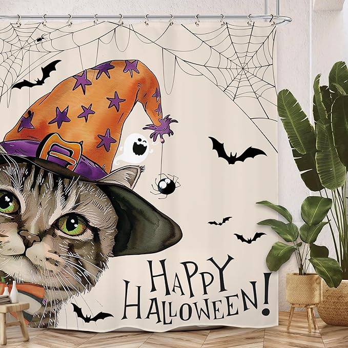 Halloween Cat Funny Shower Curtain 60Wx72L Inch Horror Spooky Scary Witch Bat Spider Animal Holiday Bathroom Set Accessories Decor with 12 Pack Hooks