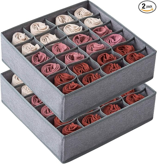 Qozary 2 Pack Socks Underwear Drawer Organizer Divider, 24 Cell or 16 Cell Collapsible Cabinet Closet Organizer Storage Boxes for Clothes, Socks, Lingerie, Underwear, Ties
