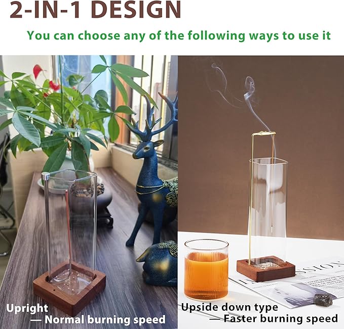 Incense Sticks Holder with Premium Glass Ash Catcher and Upside-Down Metal, Profession Anti-Ash Flying, Heat-Resistant Easy Clean for Yoga, Meditation, Home Decor (2 in 1 Design, Wooden Base)