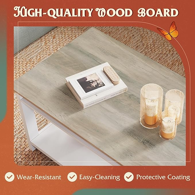 WLIVE Coffee Table, 43" Farmhouse Coffee Table with Storage Shelf & Sturdy V-Shaped Support, Wood Center Table for Living Room, Bedroom, Office and Balcony, White