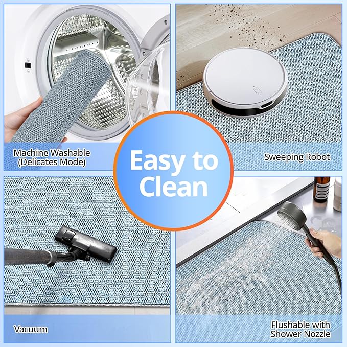 Upgraded Thin Bathroom Rugs, Bath Mat Super Absorbent, Bath Rugs Rubber Backing Non-Slip, Quick Dry Machine Washable, Cozy Cloth Bathroom Mat fit Under Door/Sink/ Bathtub/Shower/Kids 17''x27''-Blue