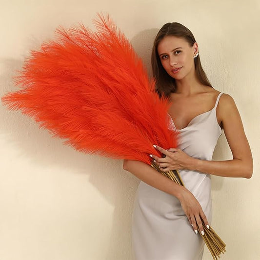 Orange Pampas Grass Decor- 45-Inch Set of 8 | Tall Faux Pampas Grass Soft and Fluffy | Large Artificial Pompas Floral | Perfect for Living Room, Office and Wedding Party Centerpieces