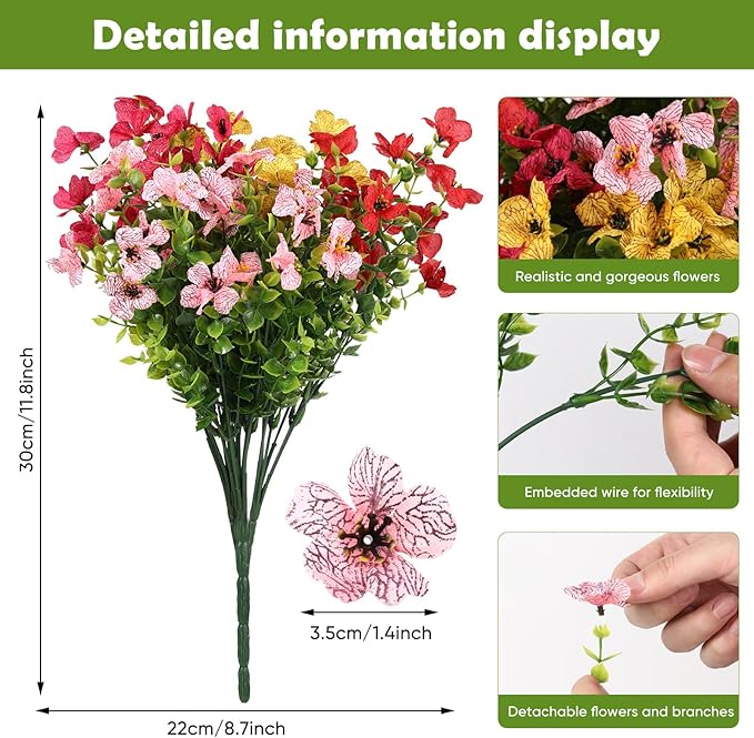 Artificial Flowers for Outdoors, 12 Bundles Artificial Plants & Flowers Outdoor, UV Resistant Faux Flowers Silk Fake Flower for Outside Porch Pot Window Garden Planter Decoration (Mixed Color)