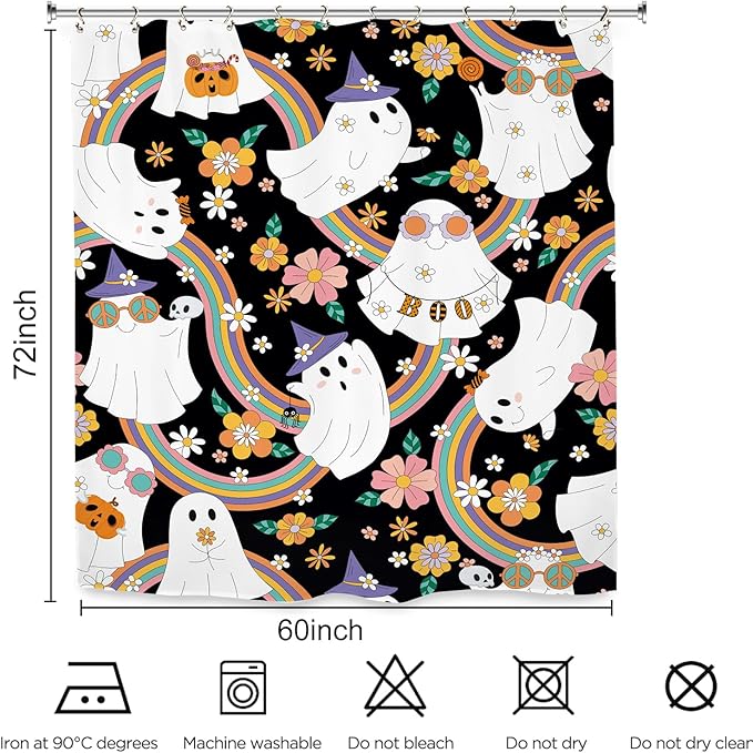Halloween 70s Ghost Funny Shower Curtain 60Wx72L Inch 70s Groovy Funky Trendy Hippie Cute Horror Spooky Scary Rainbow Bathroom Set Accessories Decor with 12 Pack Hooks