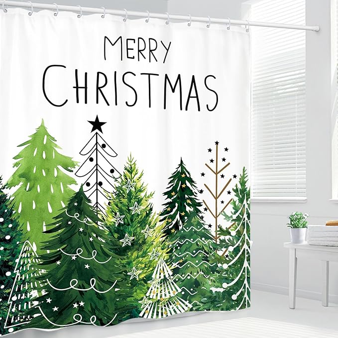 Christmas Tree Forest Shower Curtain 72Wx72L Inch Xmas Winter Pine Holiday Seasonal Green Bathroom Set Accessories Decor Polyester Waterproof with 12 Pack Hooks