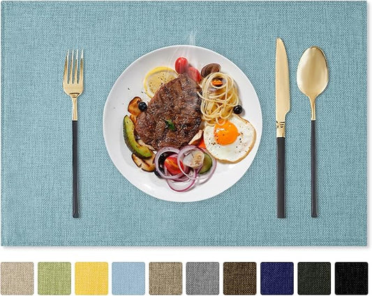 Romanstile Cloth Placemats Set of 8-12 x 18 Inch, Heat Resistant Double Layered Thickened Burlap Place Mats, Washable Linen Farmhouse Table Mats for Kitchen/Dining/Party/Outdoor, Teal