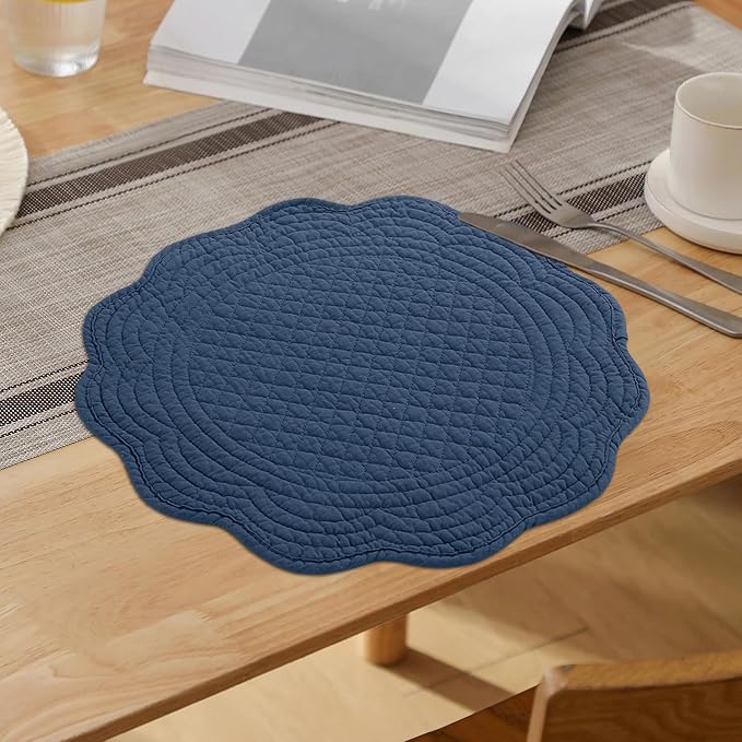 HOMBYS Quilted Placemats Set of 6 Washable Round Placemats for Kitchen Table-100% Cotton Fabric 13 Inch Round Table Mats, Cotton Fabric with Microfiber Filling, (13"x13", Sapphire Blue)